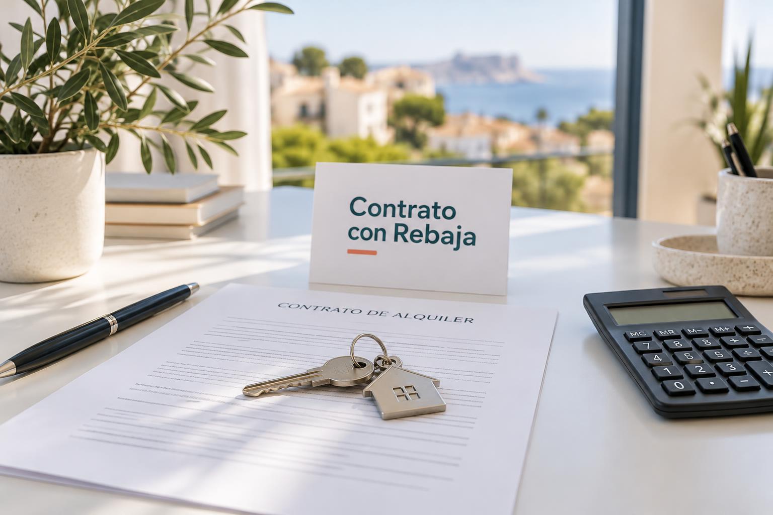 Imagen ilustrativa de unas llaves sobre un contrato de alquiler, junto a una calculadora y un cartel de Contrato con Rebaja.
