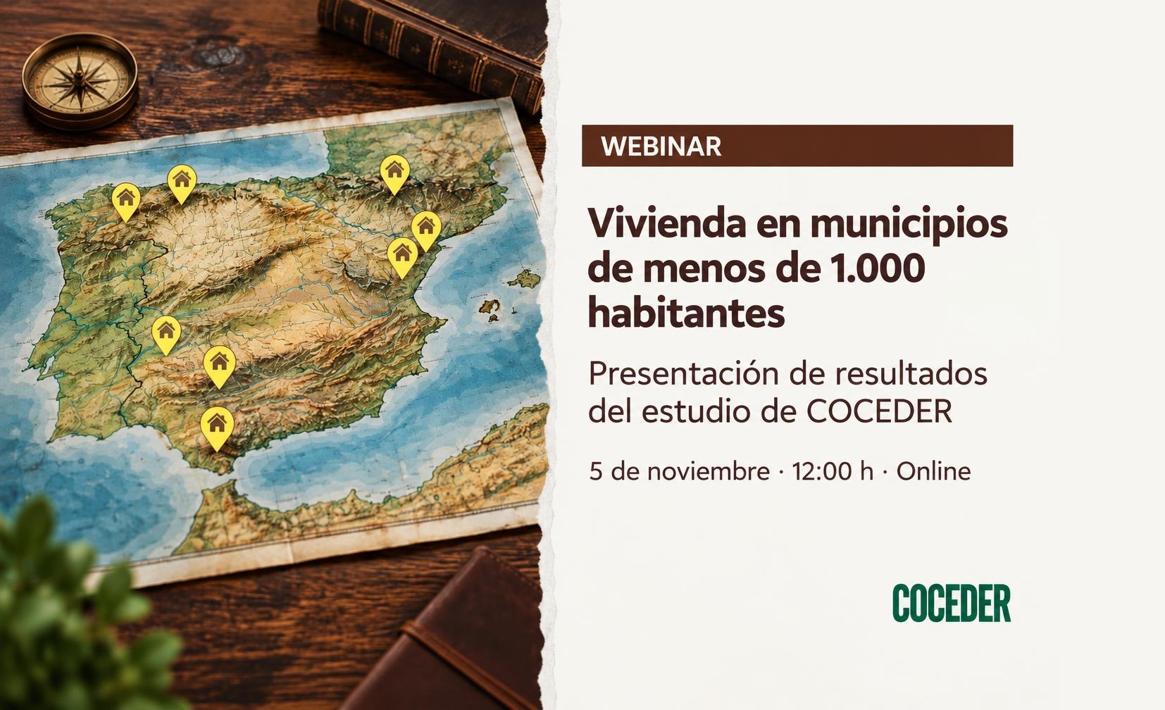 Mapa de España con marcadores de vivienda junto al anuncio del webinar de COCEDER del 5 de noviembre a las 12:00