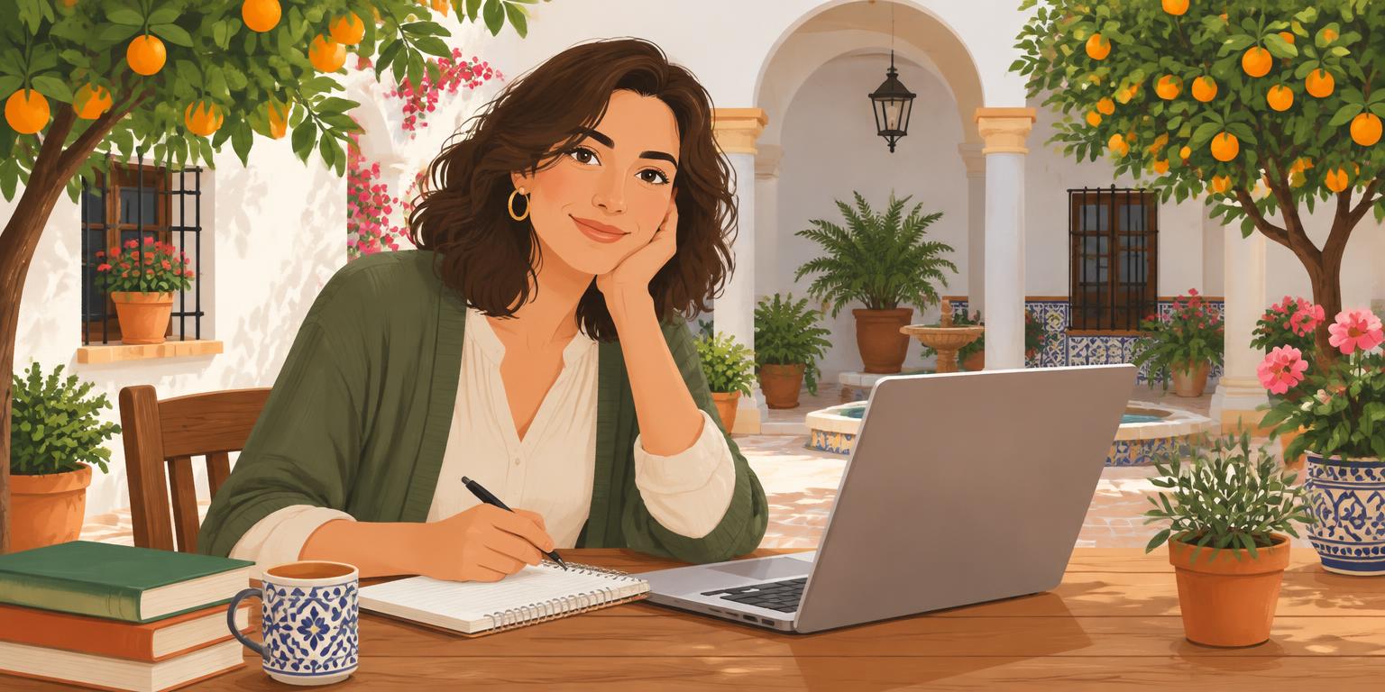Ilustración de una profesora con un ordenador en un patio andaluz